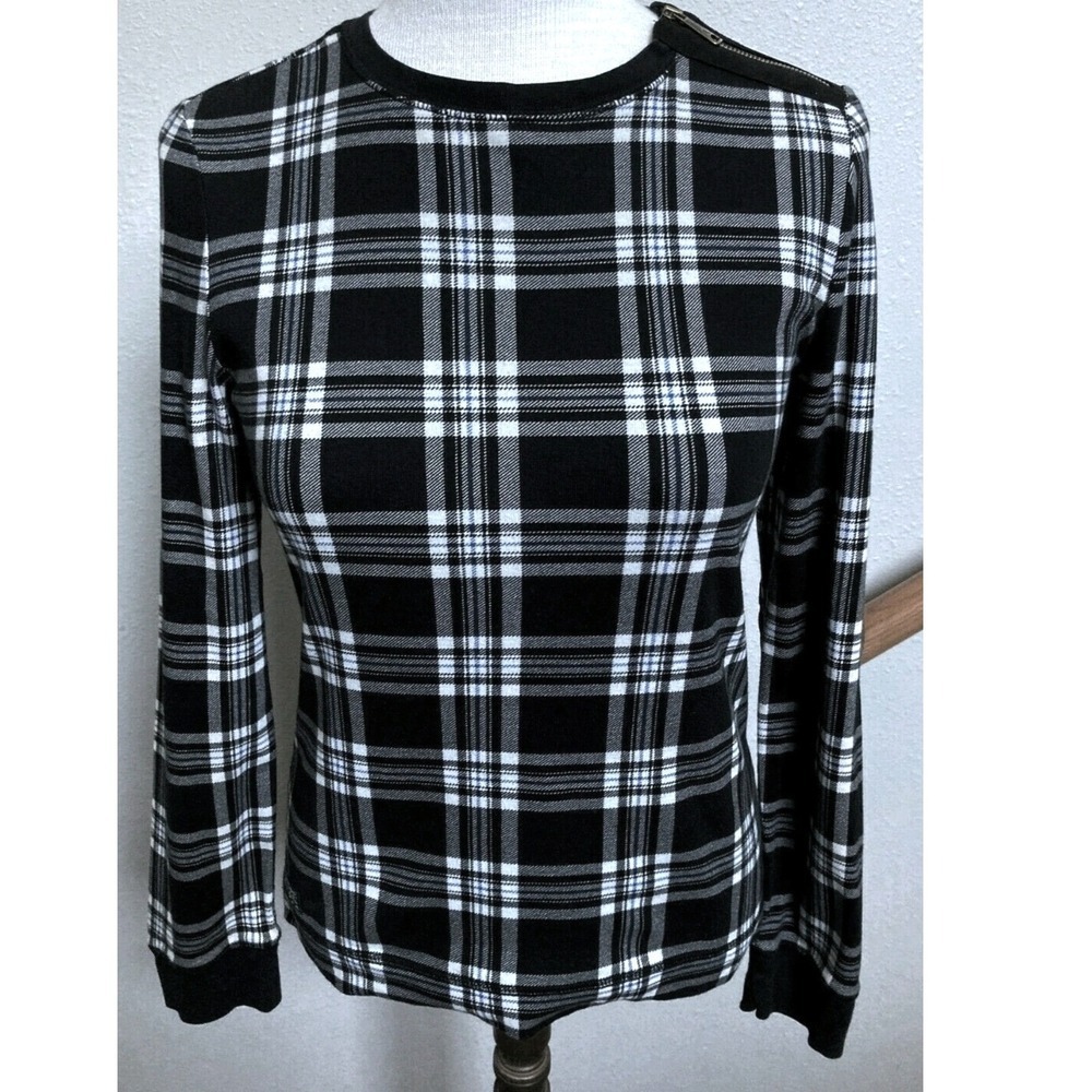 Lauren Jeans‎ Crew Neck Top L Plaid Elbow Patch Shoulder Zip Preppy Office 90'